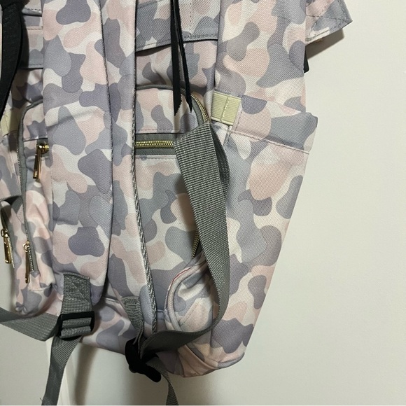 Shiada brand diaper bag backpack with a camouflage pattern in grey, pink, &white - Picture 8 of 15